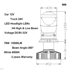 JALN7 Car LED Lens Headlight Bulb H4 60/55W 10000LM 12V Truck 24V Head Lamp 6000K